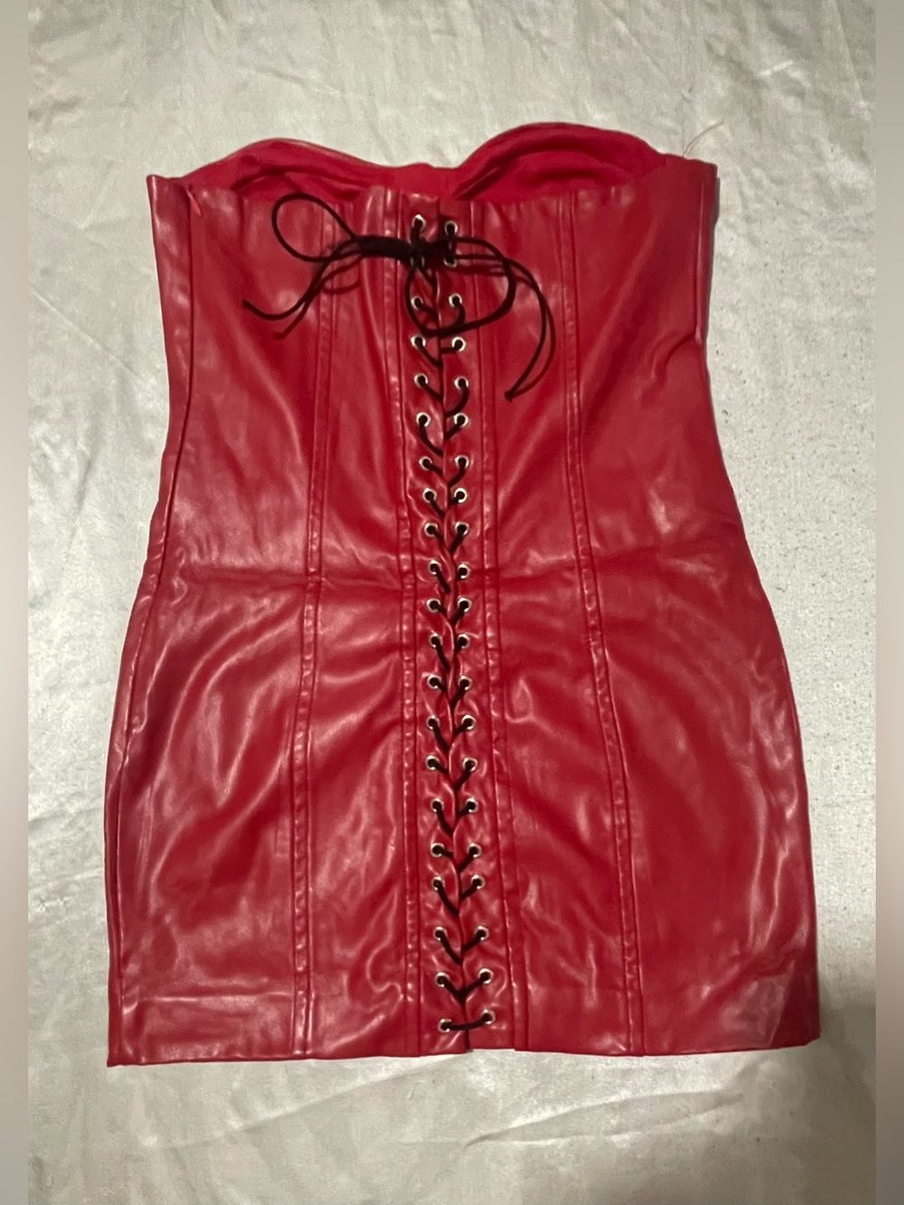 Finesse Strapless Red Faux Leather Mini Dress